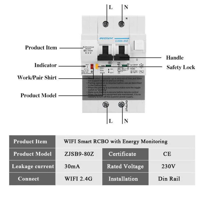 30mA RCBO WiFi Disjunctor diferential masurare energie TUYA 30mA RCBO WiFi Disjunctor diferential masurare energie TUYA
